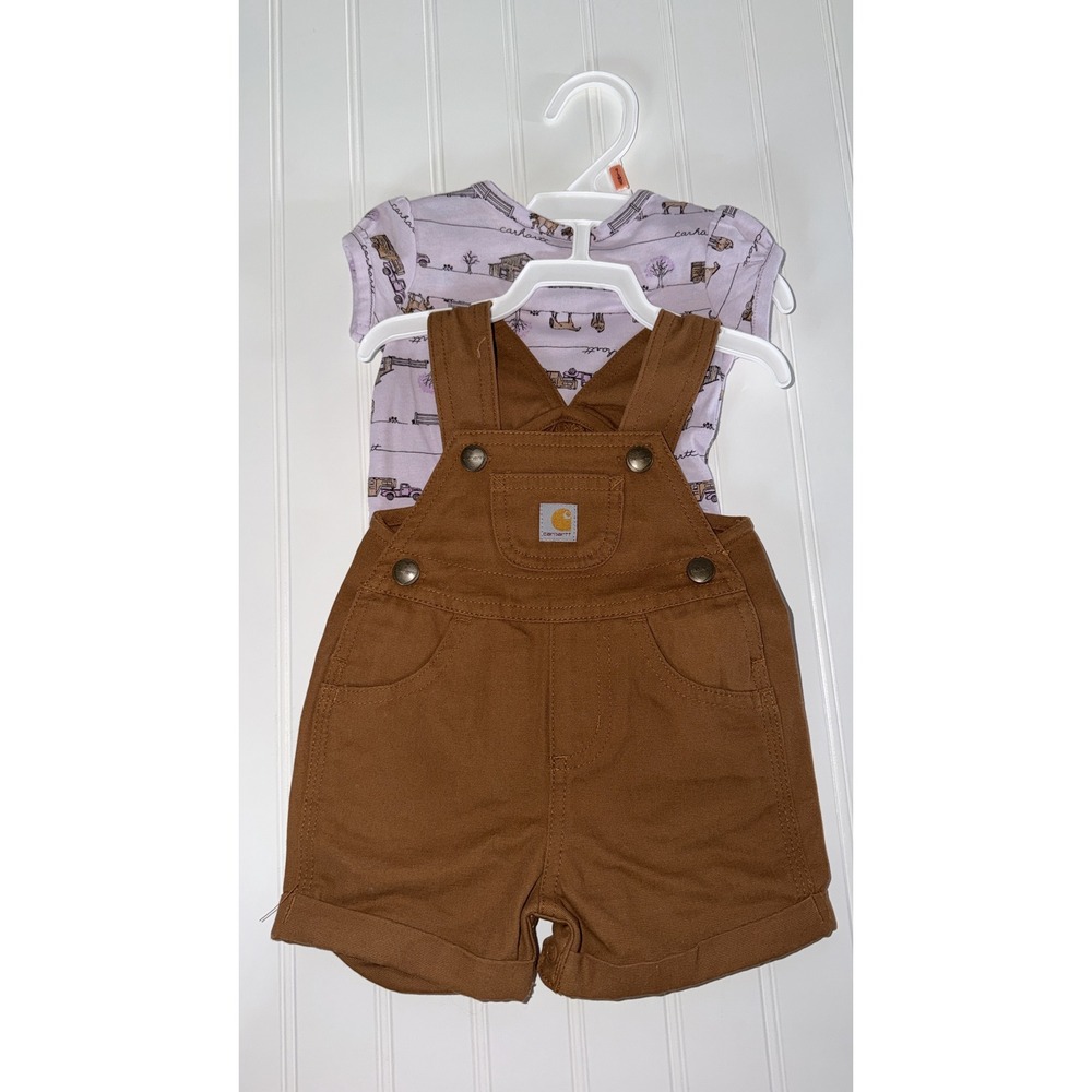 Carhartt Baby Girls 2 Piece Set Purple Horse Bodysuit Brown Canvas Overalls 3M